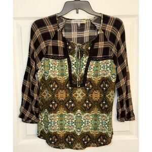 Figueroa & Flower Mixed Media Plaid & Floral Print Blouse Boho Top Small Women’s
